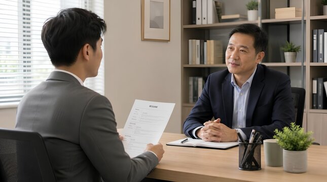 Asian male job applicant in gray suit presenting printed resume to middle-aged HR manager during office interview, professional desk setting with bookshelf, plant, and pen holder, focused career