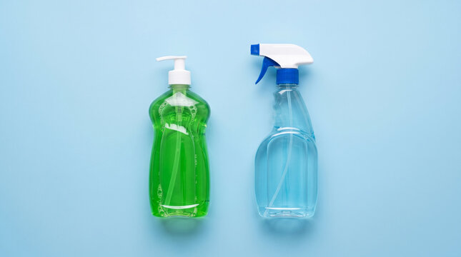 Two bottles of cleaning supplies, dish soap and spray, on a blue background