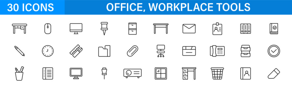 Office supplies line icon set. Workplace stationery equipment tools. Outline editable icons