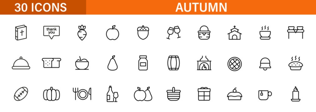 Thanksgiving holiday line icon set. Harvest food gratitude symbols. Outline editable icons