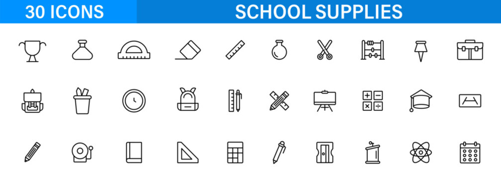 School education line icon set. Learning classroom supplies tools. Outline editable icons