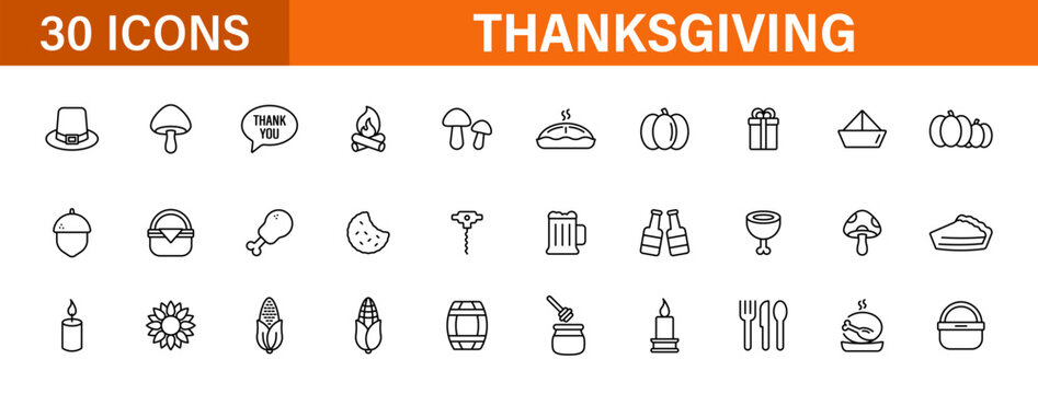 Thanksgiving line icon set. Harvest turkey pumpkin autumn holiday. Outline editable icons