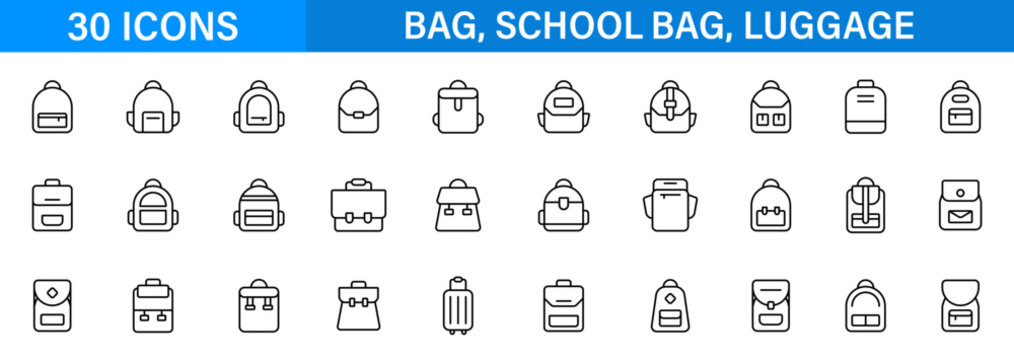 Backpack bag line icon set. School travel luggage rucksack collection. Outline editable icons