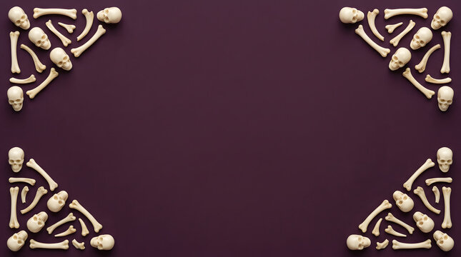 Human skulls and bones arranged as corner frames on a dark purple background for Halloween