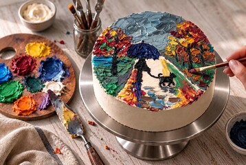Fototapeta premium Artist Decorating a Colorful Cake with an Impressionist Landscape 