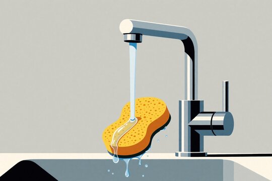 Yellow sponge absorbs water under kitchen faucet stream. Drops fall into sink, illustrating cleaning, absorption, and water usage in a minimalist style.