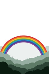 Obraz premium Vibrant colorful spectral rainbow arch spanning gently over misty green layered mountain hills and foggy forest valley vector graphic illustration isolated against a stark white backdrop