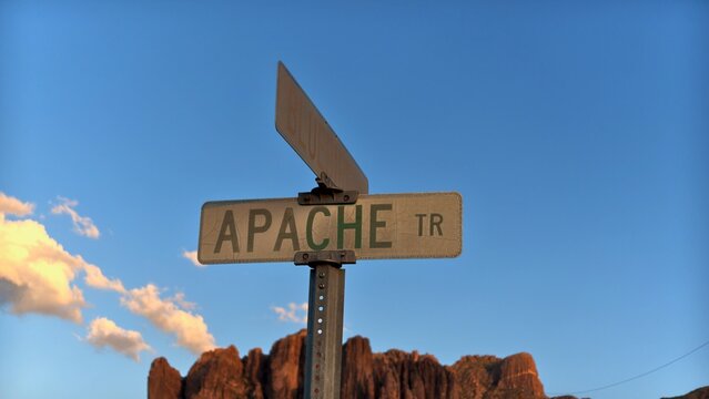 Apache Trail Road Sign with Superstition Mountains