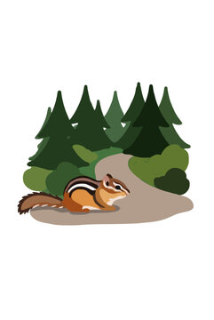 Striped brown chipmunk crouching peacefully on a woodland dirt path beside evergreen pine trees and green forest bushes vector graphic illustration isolated on plain white background