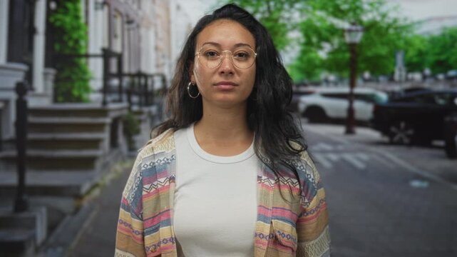 Woman with hand raised and other hand on chest on street, wearing glasses and patterned cardigan; oath determination.