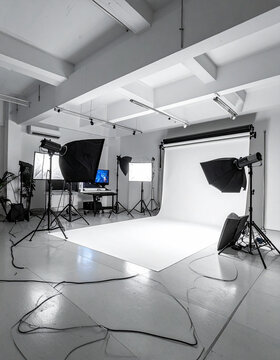 Professional photo studio with white backdrop and lighting equipment, no people.
