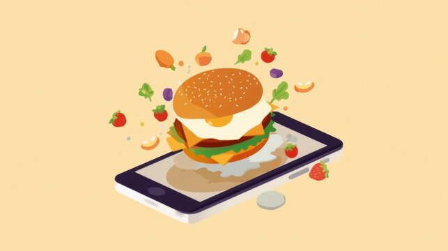 Una hamburguesa y un huevo frito que parecen salirse de la pantalla de un tel&eacute;fono inteligente, rodeados de frutas y verduras frescas que flotan en el aire