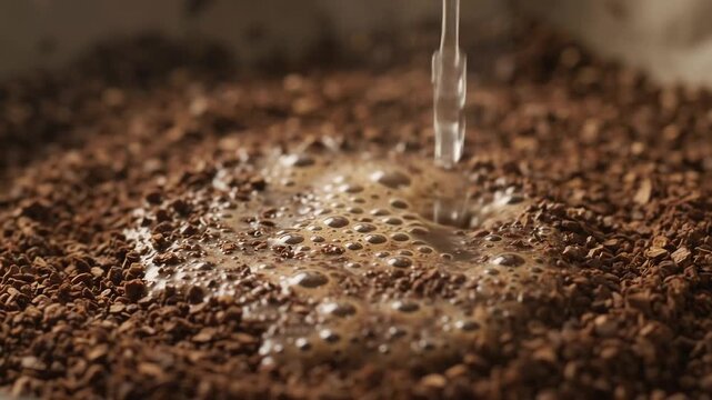Hot water pouring over fresh coffee grounds in a glass dripper