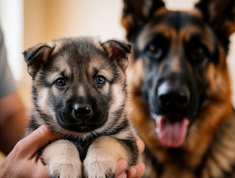 Tiny wolfdog puppy held gently in hands. Adult German Shepherd dog stands behind with blurred background. Focus on pup cute innocent eyes and fluffy face. Domestic animal bonding.