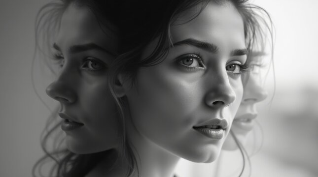 Retrato abstracto en blanco y negro del rostro de una joven, fragmentado mediante reflejos superpuestos en cristal