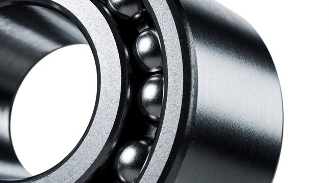 Close-up of metal roller bearing with ball bearings. Precision machine part reduces friction in rotating applications. Durable steel component for industry and automotive.