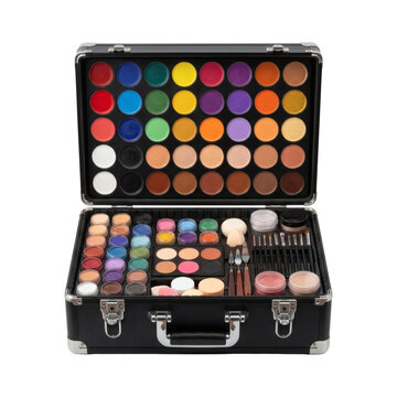 Professional makeup artist's open case filled with colorful eyeshadows, face paints, brushes, and applicators, for creative design.