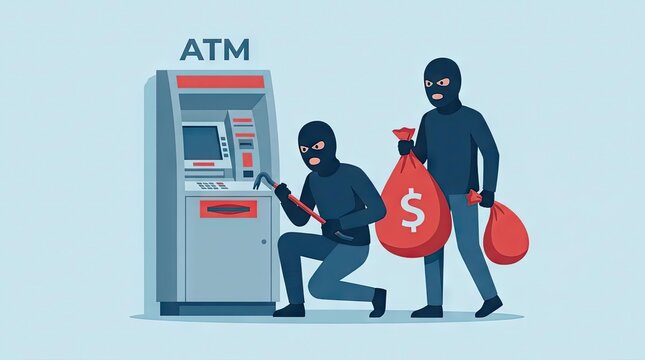 Cartoon illustration of masked thieves robbing an ATM machine
