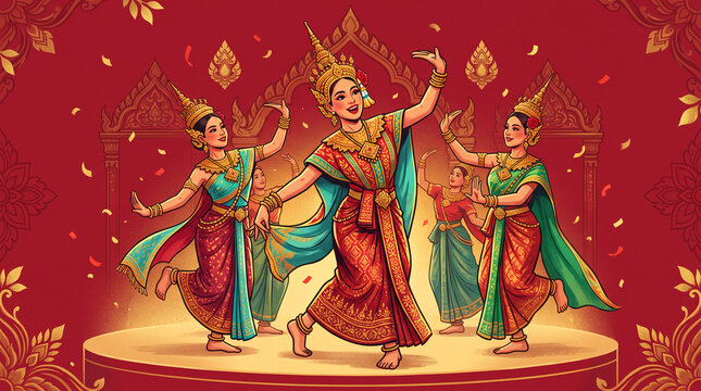 Traditional Thai dancers perform graceful movements on a stage with festive confetti