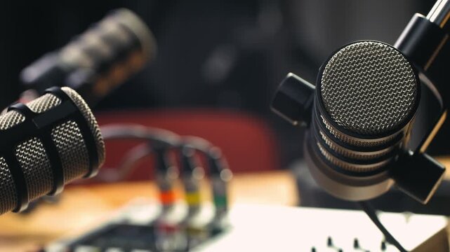 Podcast Live streaming, man radio presenter with microphone, talk show or entertainment. Content creator podcast host in studio for recording audio social media, live concert show. 