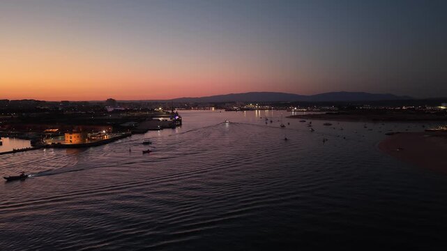 Aerial view of ferragudo marina during sunset