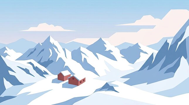 Flat vector snowy mountain peaks with tiny red houses.