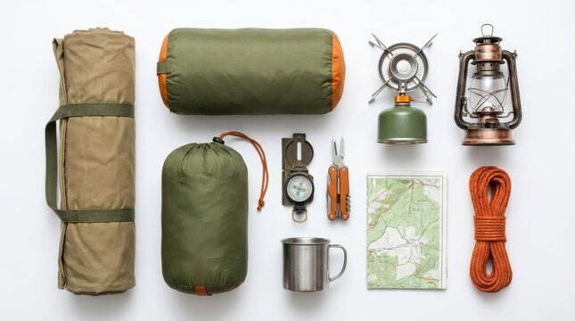 Flat lay of camping gear and survival equipment arrangement.