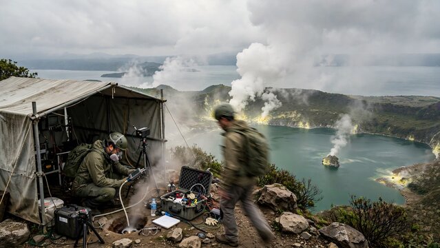 Asian volcanologists in safety gear conducting scientific research and gas monitoring at an active volcanic crater lake with smoking fumaroles using specialized field equipment under a temporary tent