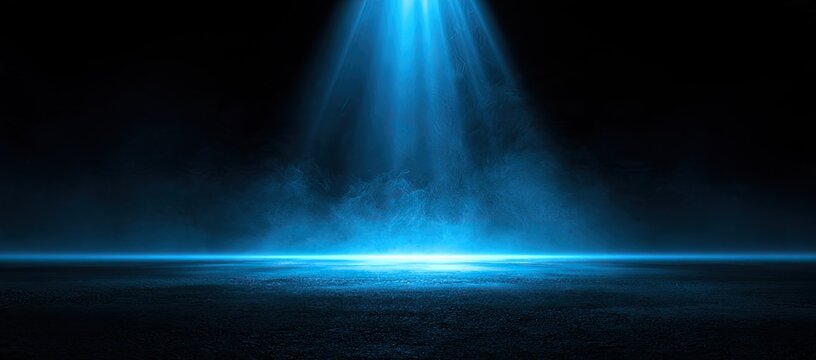 Bright blue spotlight pierces through smoky darkness, illuminating a textured ground