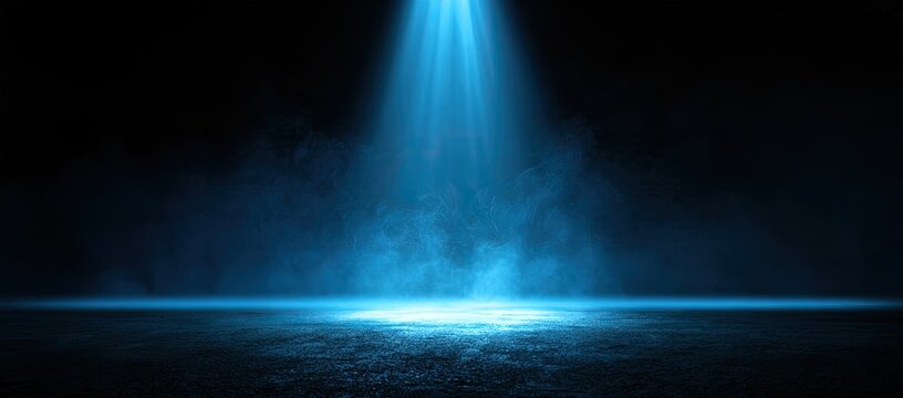 A lone blue spotlight pierces dark smoke, illuminating a textured floor