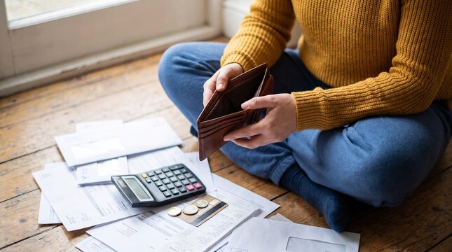 Person Sitting On Floor Holding Empty Wallet With Bills Calculator And Coins Due To Financial Distress