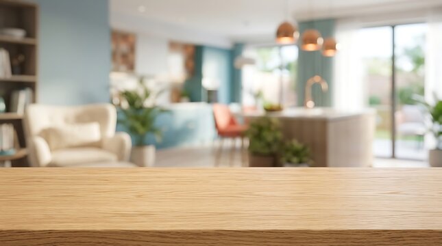 Empty wooden table top mockup for product display with blurred modern kitchen and living room interior background design.