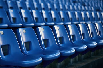 Fototapeta premium Rows of empty, bright blue stadium seats with focused lighting