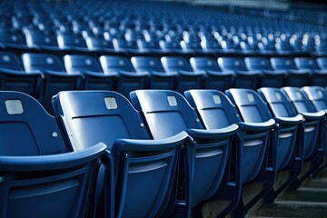 Fototapeta premium Rows of empty, blue stadium seats stretch into the distance, bathed in light
