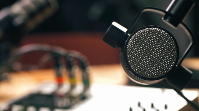 Podcast Live streaming, man radio presenter with microphone, talk show or entertainment. Content creator podcast host in studio for recording audio social media, live concert show. 