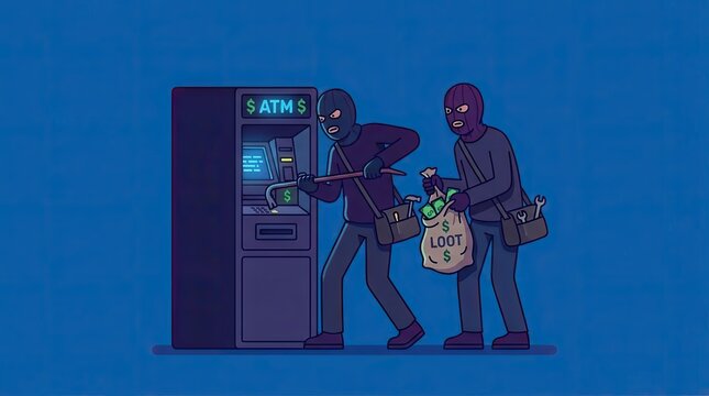 Two burglars robbing an ATM machine.