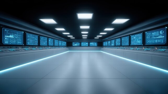 Futuristic command center with digital monitors and blue neon lights