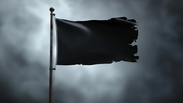 Tattered black flag waving on a metallic pole against a dark stormy sky representing a symbol of protest sadness or mourning in a somber and dramatic environment