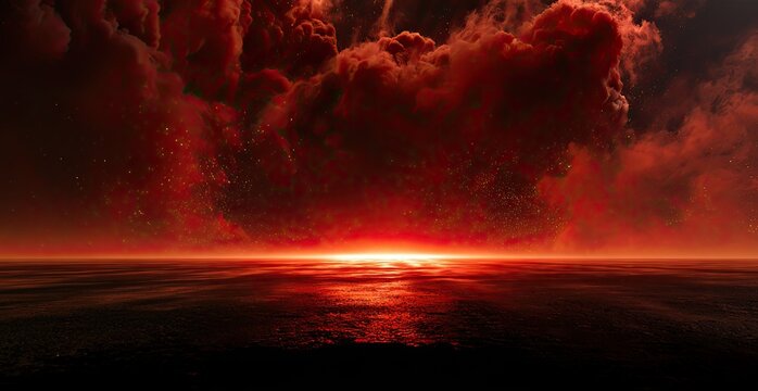 Fiery explosion in dark clouds over reflective ocean surface