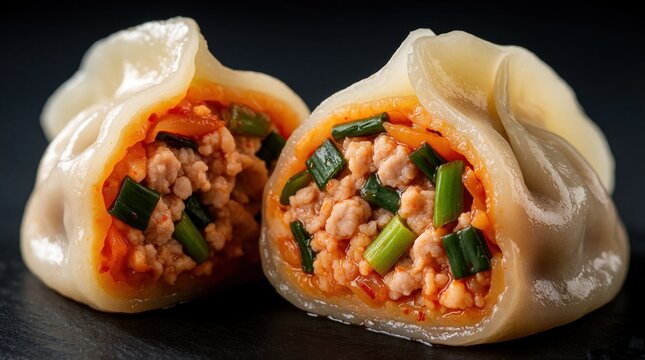 Steamed korean kimchi dumplings reveal savory pork and scallion filling. Dim sum appetizer is juicy, spicy and filled with asian flavors. A delicious close up of traditional cuisine.