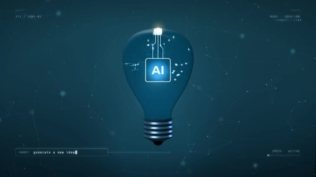 AI chip inside a glowing light bulb with floating technology icons for idea generation