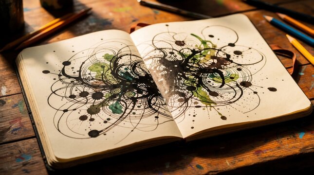 Open sketchbook with abstract ink drawing on rustic wooden table. Creative artist makes messy doodle with black pen, green watercolor paint. Artistic pattern with lines, splatters lies on paper