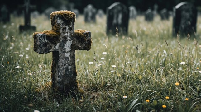 Aged moss covered stone cross in a grassy cemetery. Ancient burial memorial stone, weathered grave marker with small flowers. Peaceful nature landscape.