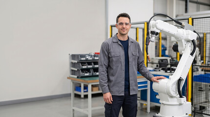 Fototapeta premium Technician standing by robotic arm in modern factory production line