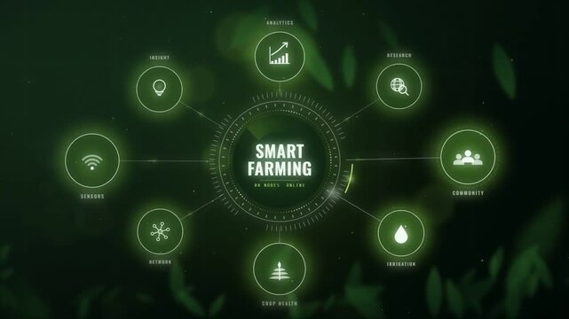 Smart farming interface with connected icon nodes glowing over a green crop background