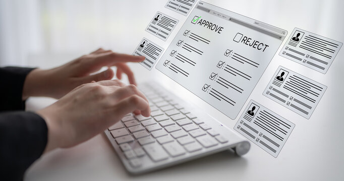 Digital Approval Workflow with Hands Typing on Keyboard and User Interface Elements for Review Processes. Bitwise.