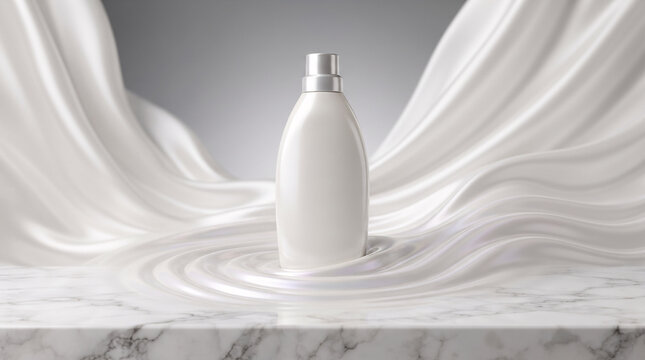 White cosmetic bottle centered on swirling creamy liquid and marble