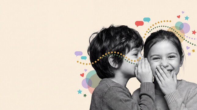 Little boy whispering a secret to a laughing girl with speech bubbles graphics
