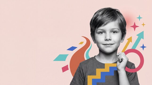 Smart boy thinking with growth arrows graphics and copy space