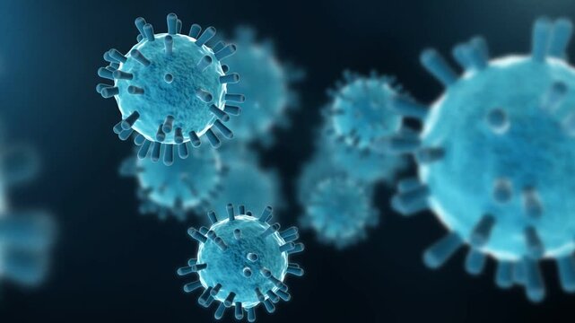 Blue virus cells with spike proteins drifting through fluid under a microscope view